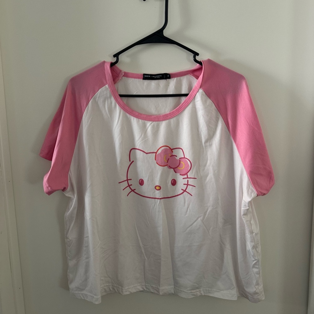 SHEIN Pink and White Short Sleeve Tee with Hello Kitty Graphic